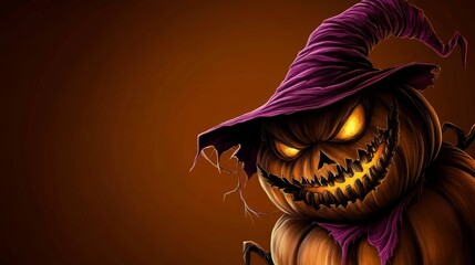 Eerie Halloween pumpkin with glowing eyes in a purple witch hat illustration against a dark orange background. Generative AI