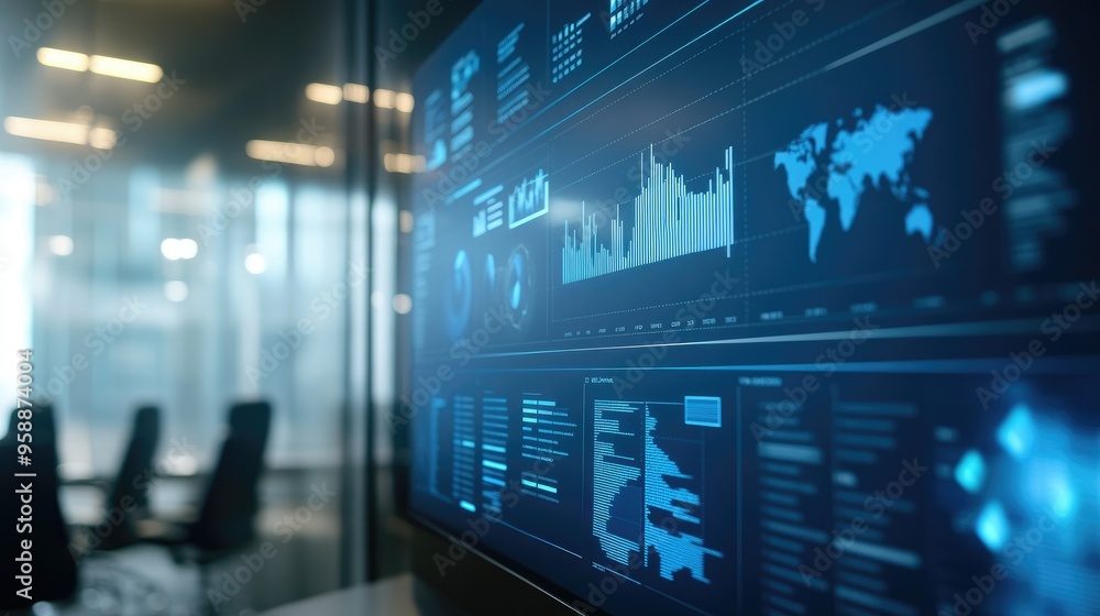 Poster a detailed shot of a business graph with various data points and indicators, displayed on a large sc