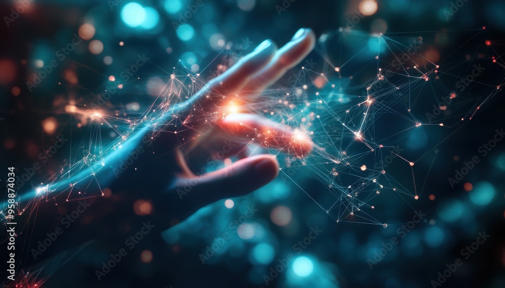Poster digital connection: human hand reaching with glowing fingertips, abstract light streams, and coding 