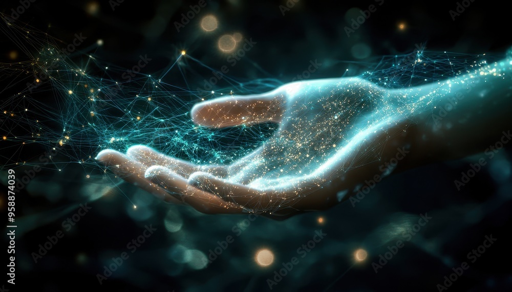 Poster digital connectivity - human hand with glowing fingertips and coding symbols