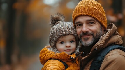 Obraz premium mature father holding small daughter on a walk in autumn forest