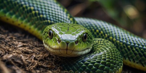 Fototapeta premium closeup green snake smile face new fructose magazine.