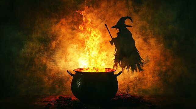 A cauldron over a fire with a witch&acirc;&euro;&trade;s shadow in the background