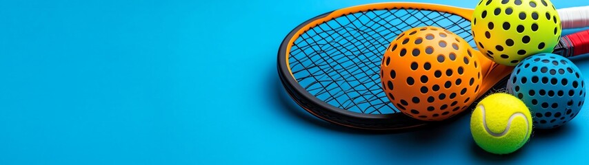 A vibrant arrangement of colorful sports balls and a racket against a blue backdrop, perfect for sports-themed projects.
