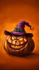 Eerie Halloween pumpkin with glowing eyes in a purple witch hat illustration against a dark orange background. Generative AI