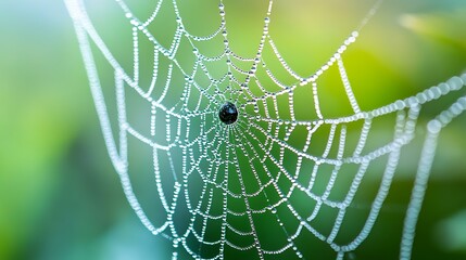 Fototapeta premium A close-up of a spooky spider web with dew drops glistening