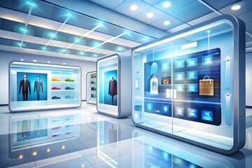 Obraz premium Modern AI-Driven Retail Space Background: Futuristic Concept with Interactive Displays, Digital Price Tags, and Innovation in Smart Business - Flat Vector Illustration