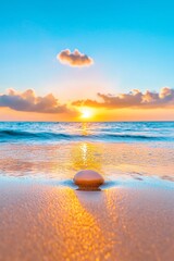 Obraz premium A serene sunset over the ocean, highlighting the solitary beauty of a smooth stone on the sandy beach, radiating tranquility.