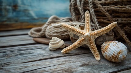 Wooden background with marine items