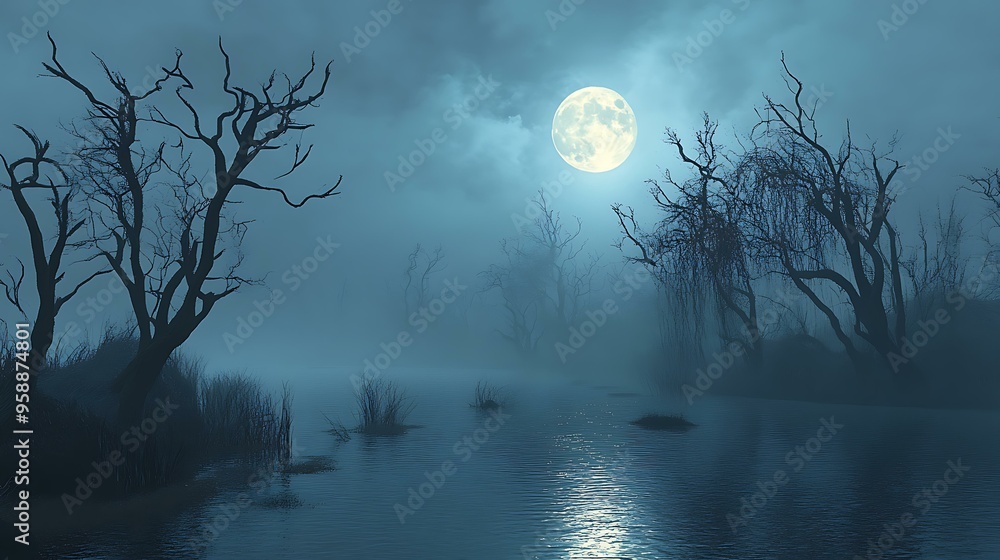 Wall mural a fog-covered swamp with twisted, bare trees and a glowing full moon