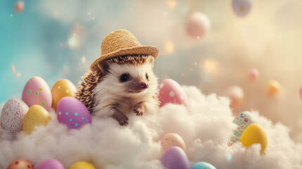 Obraz premium Cute baby hedgehog with balloons Cute baby animals. Baby animals created by AI.