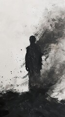 Fototapeta premium A silhouette of a person standing in front of a large black cloud, symbolizing a dark future.