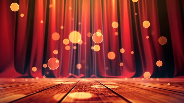Vibrant stage setup with dazzling lights and red curtains in a bustling theater during a lively performance