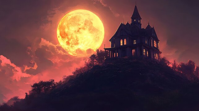 A haunted house on a hill with a glowing full moon in the background