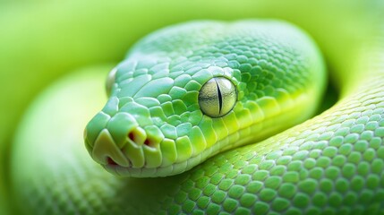 Fototapeta premium A green snake with a yellow eye is curled up