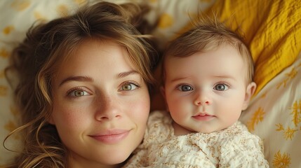 mother cuddling with her newborn baby in their bed