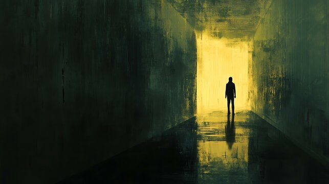 A shadowy figure standing at the end of a long, dark corridor