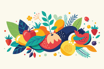 Colorful Fruit & Berries Collection, Abstract Doodles Banner with Hand-Drawn Illustrations & Decorative Elements