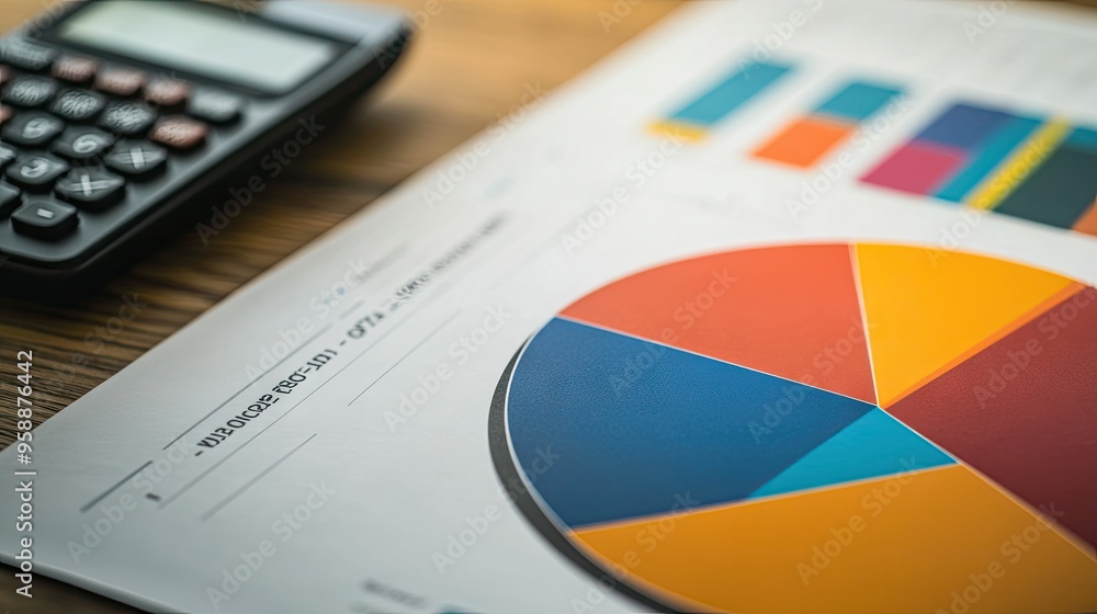 Poster a detailed shot of a printed pie chart on a desk, with vibrant segments representing different data 