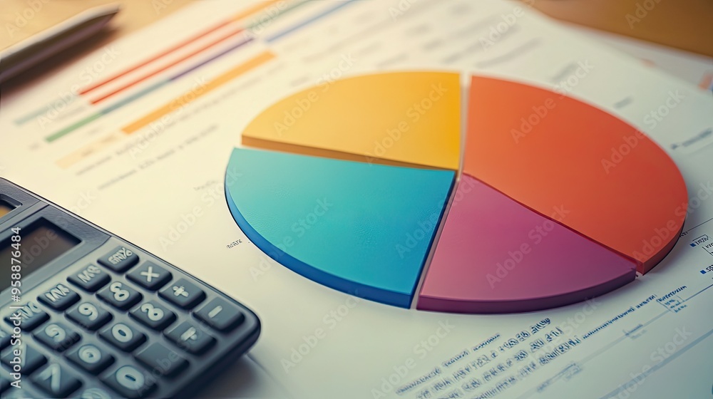 Poster a detailed shot of a printed pie chart on a desk, with vibrant segments representing different data 