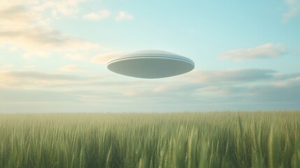 Fototapeta premium A white UFO is flying over a field of tall grass