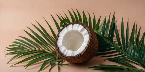 Tropical coconut and palm leaves flat lay.