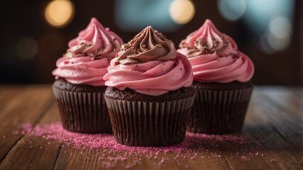 Delicious Chocolate Cupcakes With Pink Frosting Displayed On A Wooden Table.