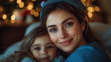 nurse getting late home from work stroking sleeping daughters hair portrait of beautiful doctor with christmas hat on head working in hospital on christmas day christmas eve female doctor working