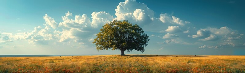 Lone tree in a field of yellow flowers, nature background, banner, copy space