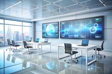 Fototapeta premium Modern AI Powered Education Center Background with Interactive Whiteboards and Futuristic Design - Transforming Educational Technology with Cost-Efficient Strategies in Smart Business Tone - Flat Vect