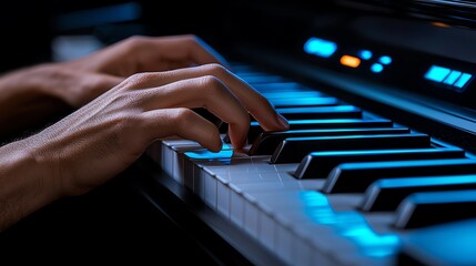 Obraz premium Close-up of hands skillfully playing a piano, showcasing musical expression and artistry with illuminated keys.