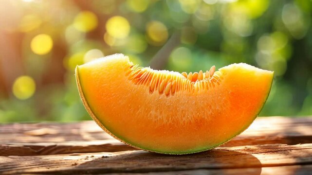 Freshly cut melon slice resting on wooden surface in a sunlit garden during summer