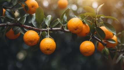 Orange fruits on a branch in citrus garden with copy space.
