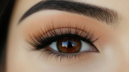 Obraz premium A detailed shot of a woman's eye, showcasing perfectly applied eyeliner and long, voluminous lashes, with a subtle hint of eyeshadow.