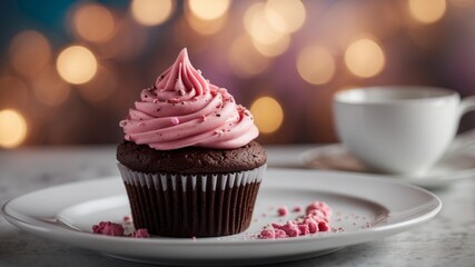 Delicious Chocolate Cupcake With Pink Frosting Served On A White Plate.