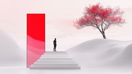 Frame suited individual navigating a surreal landscape of blended reality and virtual elements creating a unique and contemplative experience