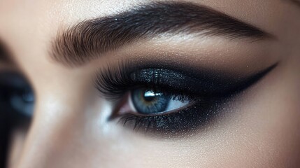 Fototapeta premium A detailed shot of a woman's eyes with dramatic smoky eye makeup, featuring perfectly blended eyeshadow, winged eyeliner, and voluminous lashes.