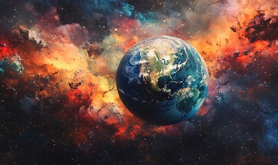 Earth in a Starry Sky with a Colorful Nebula