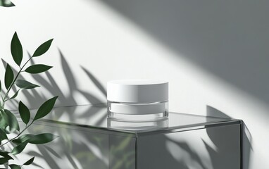 A minimalist skincare jar sits on a glass surface, surrounded by soft shadows and green leaves, suggesting beauty and tranquility.