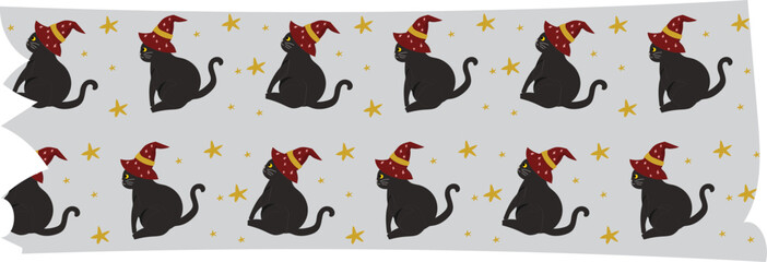 Halloween black cat washi tape on transparent background.
