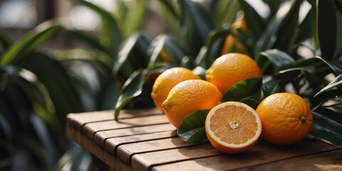 Tropical citrus fruits in sunlight with palm leaves.