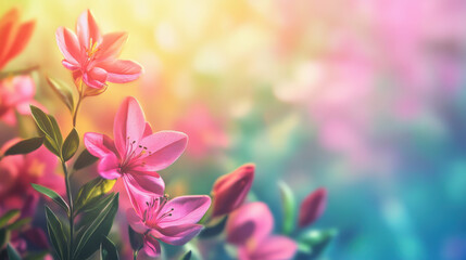 Fototapeta premium Watercolor pink tulips spring flowers in the grass background with empty space for text.