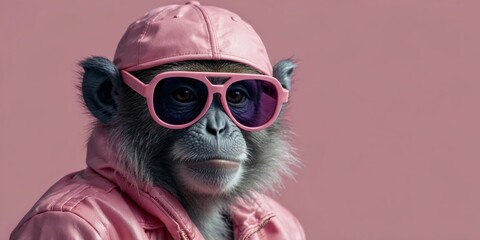 Monkey wearing fashion pink clothes with sunglasses on blue background.
