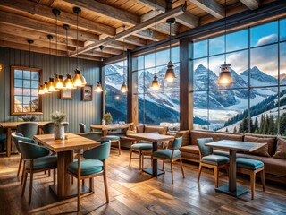 Cozy mountain lodge-inspired coffee shop with rustic wooden accents, frozen glacier hues, and warm lighting, inviting customers to relax amidst snowy peak vistas.