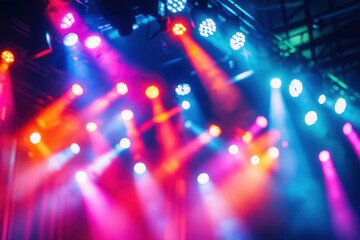 The abstract, blurred stage lights, vibrant hues, intense party atmosphere, wide shot, dynamic concert vibe