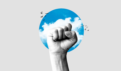 Hand clenched into a fist symbolizes power. Concept of resistance and freedom. Art collage digital pop modern art.