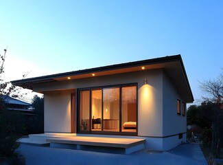 Fototapeta premium Modern Japanese Style House with Large Windows and Wooden Deck