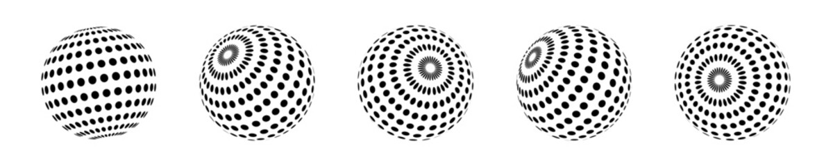 Set of isolated spheres with dot pattern with different slopes. Halftone balls, abstract 3D shape, spherical vector balls.