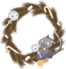 Naklejka premium Halloween wreath with cartoon cat illustration on transparent background. 
