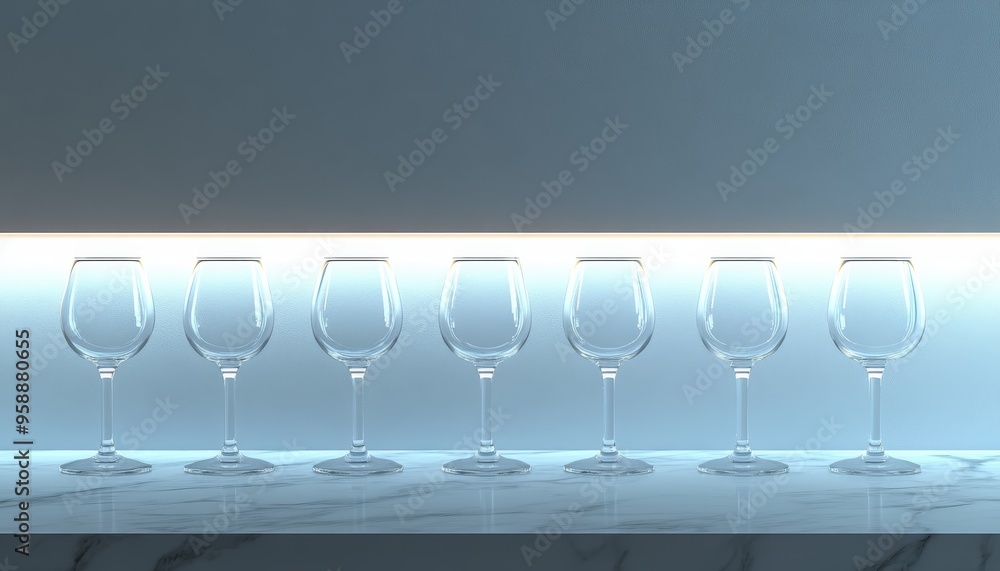 Poster a row of elegant, empty wine glasses displayed on a marble surface with soft backlighting.